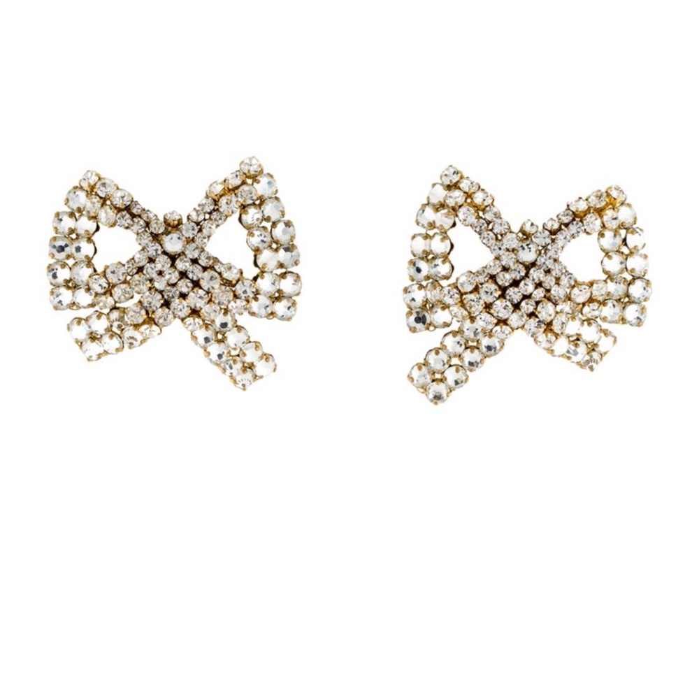 Crystal Bow Clip-On Earrings - Gold and Clear Rhinestones